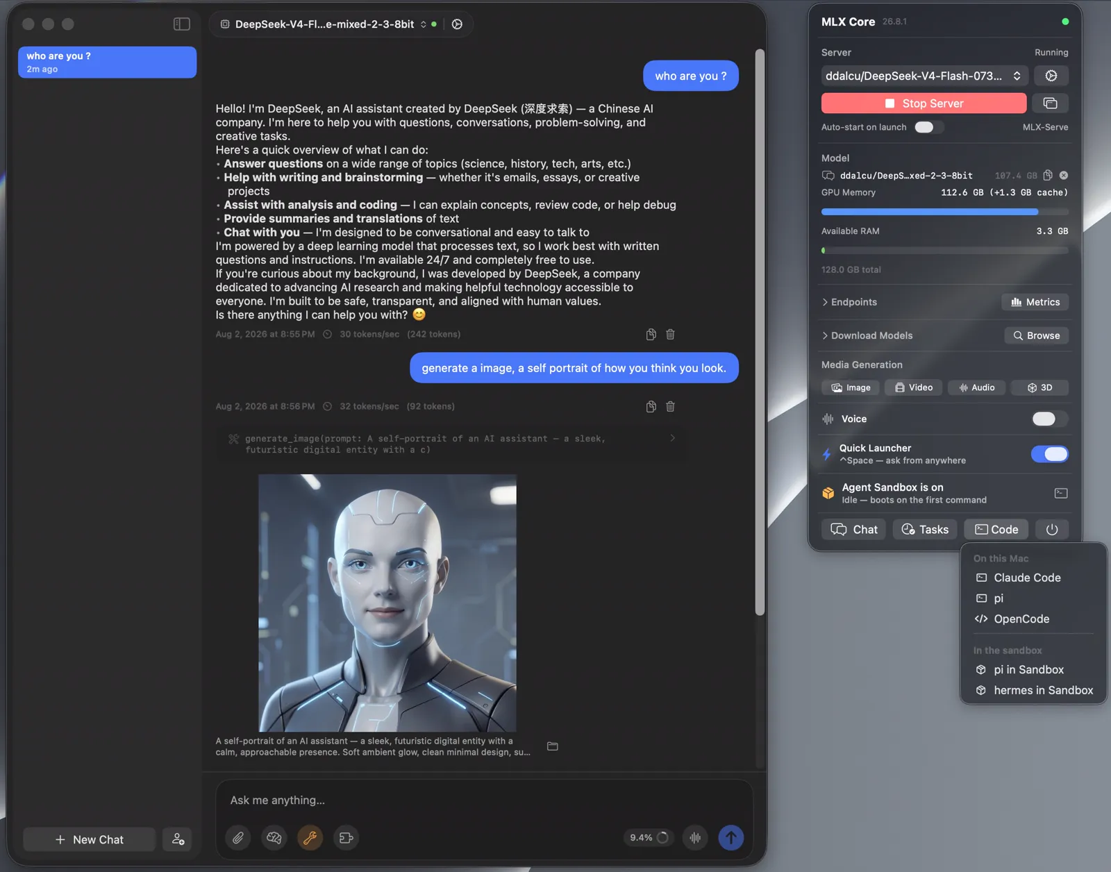 MLX Core running a local model, with chat and agent tools in one window